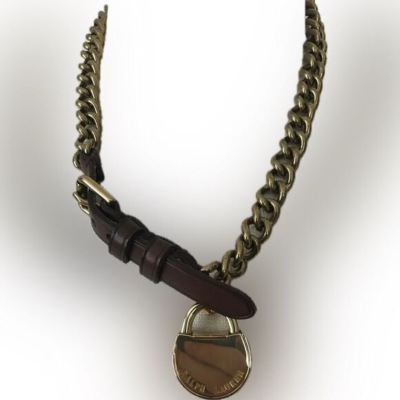 Ralph Lauren * Polished Brass Link Lock Charm Dog Collar Necklace/Bracelet/Belt - Picture 3 of 16
